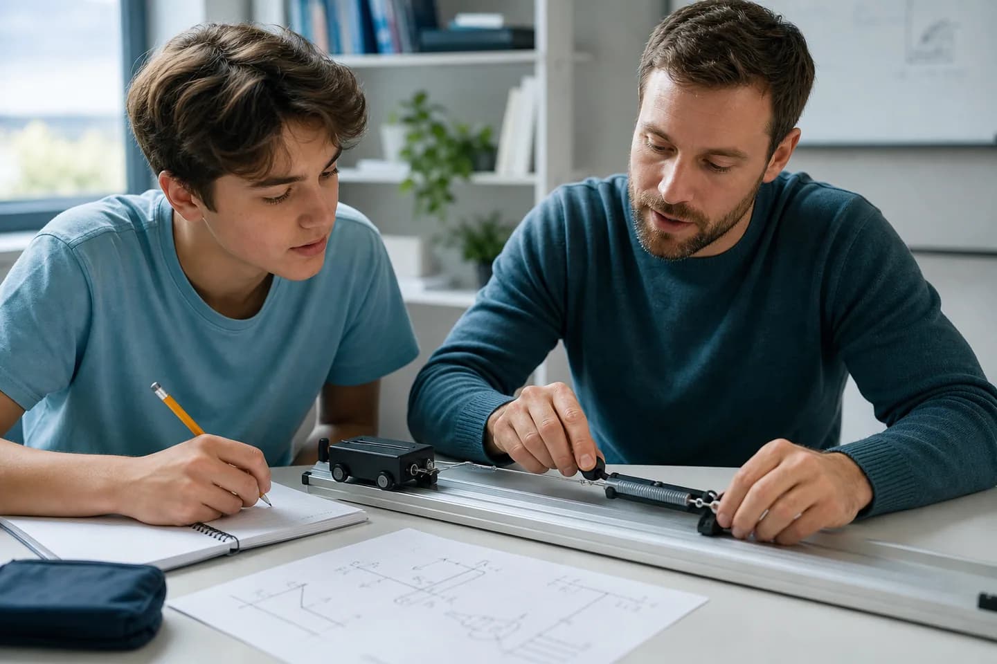 Professor e estudante explorando um problema de Física