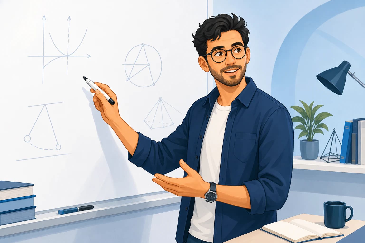 Illustrated tutor at a whiteboard explaining a graph and geometry diagrams